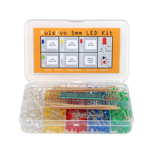 PulsEvo 5mm Diffused LED (500 Pcs) Assortment Kit With Bonus PCB And 220 Ohm Resistors